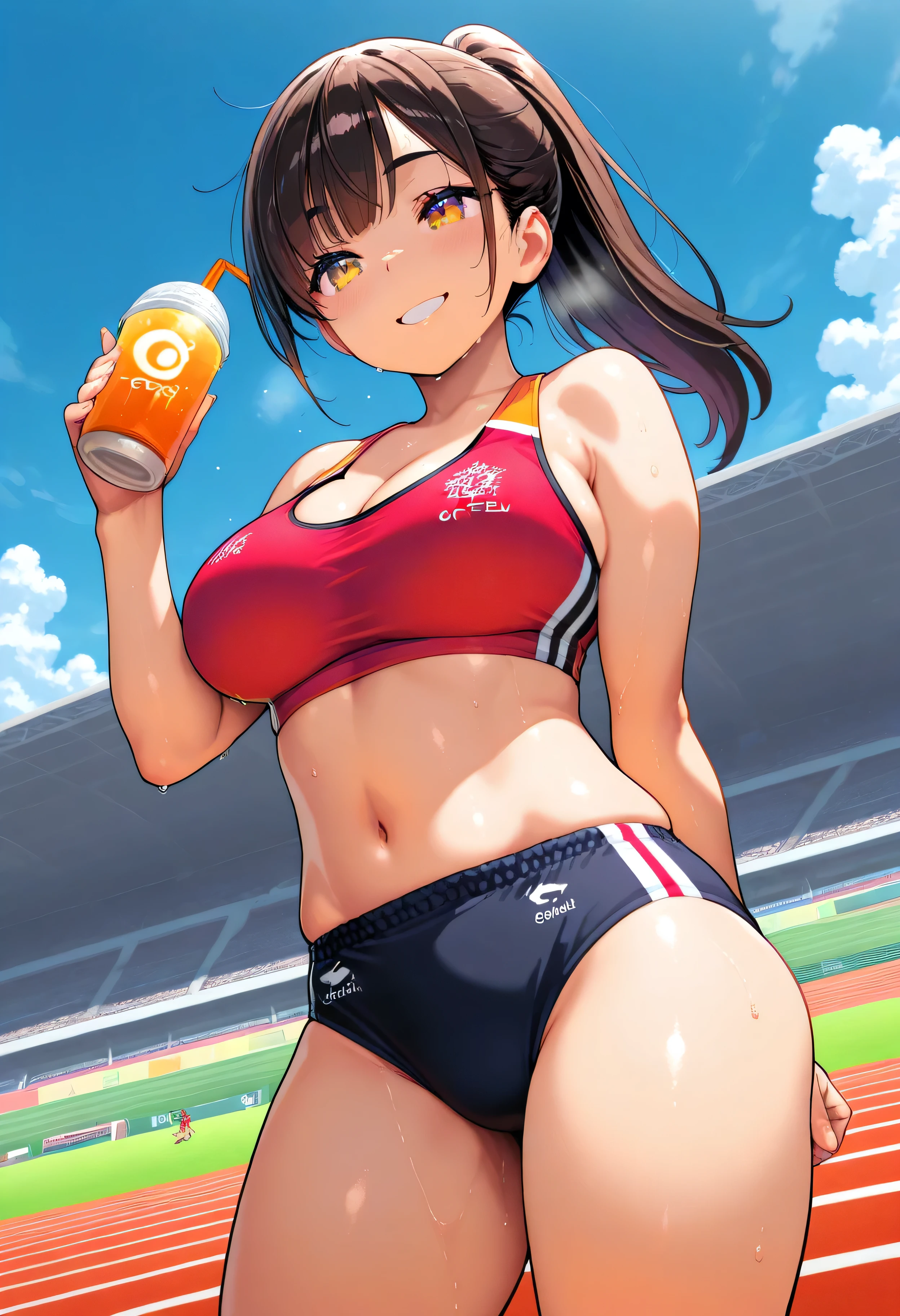 Highest quality,Highest Resolution,Smiling with a drink in hand(((2Beautiful girl of the person))),Gymnastics,High leg bloomers,Outdoor stadium,Black hair ponytail,sweat profusely,illumination,Very beautiful eyes,Transparent nipples,whole body,Flowing sweat,Belly button,Abdominal muscles,sunny,Sunshine,mirage,Big Tits,