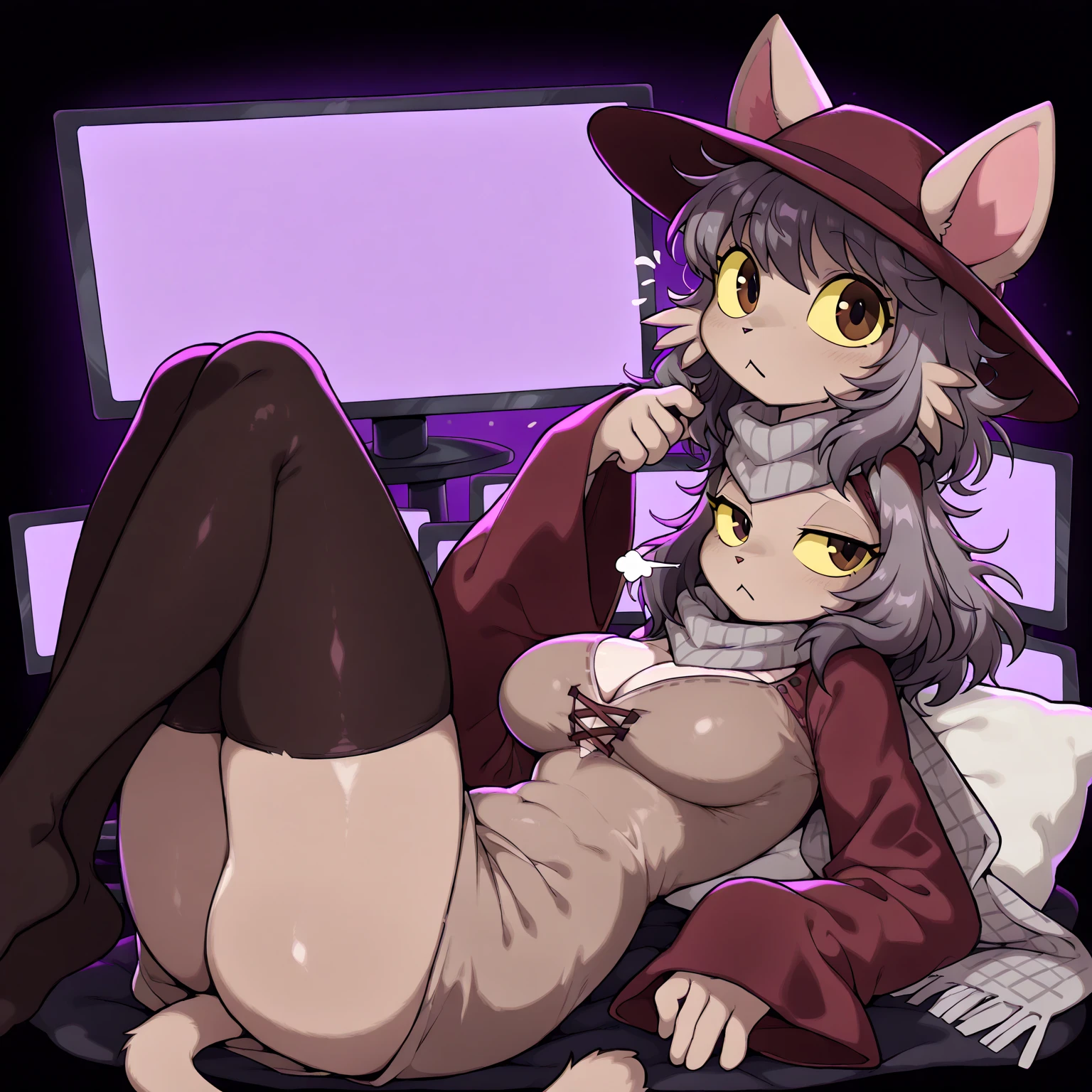 2 heads, a tall fit woman with 2 heads. In a cozy living room, on the couch. Naked. Sex, having sex with viewer, straddling viewer. Mature. Short messy purple hair in bandana, wearing bandana on head. Glasses. Gorgeous face. Blushing. Cute. Happy. Laughing. Seductive. Sexy. Milf. Thick thighs. Enormous thighs. Thin waist. Wife. Slutty. Huge, giantess, massive woman, extremely tall. Sweaty, hot.