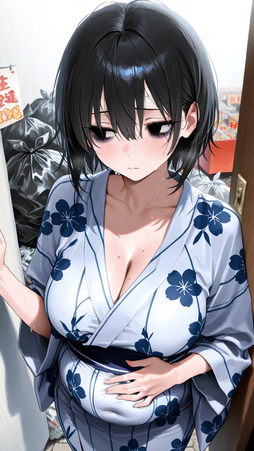 Magazine cover(masterpiece, best quality:1.2),woman,shy(((The eyes are delicate)))Wet body((Wet Kimono)),Wet floor,rain(8K)(HD)
