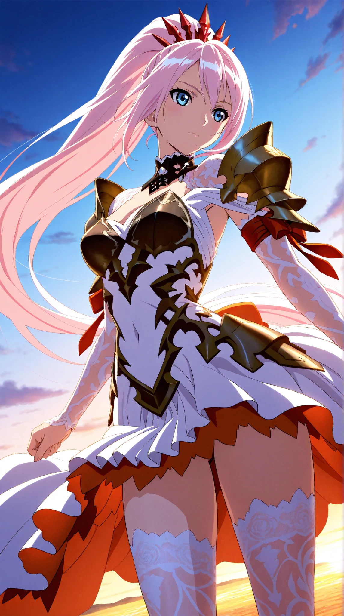 Medusa, pink hair, red and white eyes, super detailed sea surface, skull in eye reflection, background of white stone statue of muscular man, expression of anger and hatred, symbol of the center feminine, well-structured female body, full body bow, armor jacket, white stockings, white shoes, super fine 4k, 8k picture quality