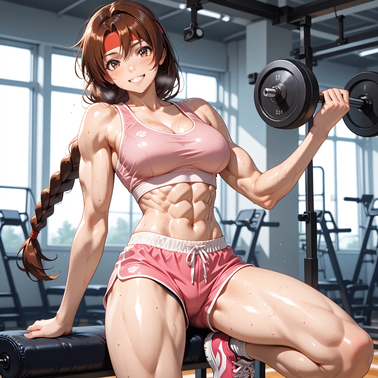 one sexy girl 26 years old, hitomi kisugi, white lace thong, standing tall and dominant, self confident , beautiful smile, superb, sensual, ((fit and trained body with well defined muscles)),(( dark haired, strong)), long legged , muscular abdomen, gym, showing off her beauty and power, teasing, invincible , chiseled abdomen, showing her superiority, slender, turning her torso showing her back