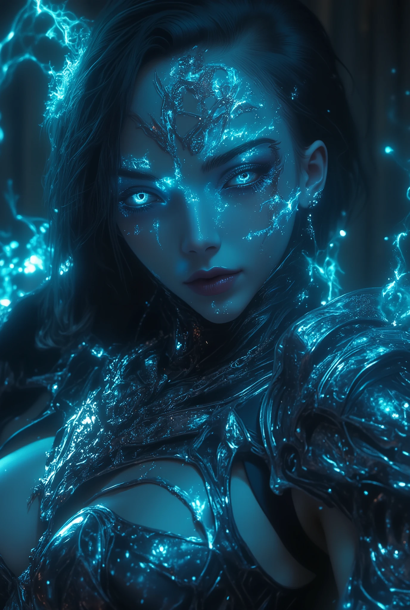 Create a hyper-detailed photo of a tattooed, jungen, sexy female berserker death knight, Breathtakingly perfect beautiful soft feminine face, Perfektes Make-up, detaillierte, glowing Florent neon eyes, langes Haar, hochdetaillierte, beautiful legs , hochdetaillierte, beautiful arms, perfekte, sexy Sanduhrfigur, detailed smooth skin , riesige Brust, big round ass, sexy seductive transparent death knight armor, Ketten-Schmuck,