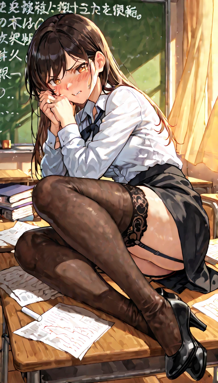 finest, masterpiece, High resolution, (Full body view from head to toe), front, frontやや下からの構図, symmetry, 18 year old tall girl, alone, (whole body from head to toe), (small breasts), Unkempt brown hair, bangs, (black tights), (black pantyhose), (sit with legs spread), (squatting pose), (Composition showing white panties), (her legs spread、I can see white panties.), (I was made to sit on the floor with my legs spread apart.), (M-shaped spread legs), thin legs, A very beautiful and tall 18 year old girl, (not wearing shoes), blush, shy big eyes, looking at camera, blazer uniform, plaid pleated skirt