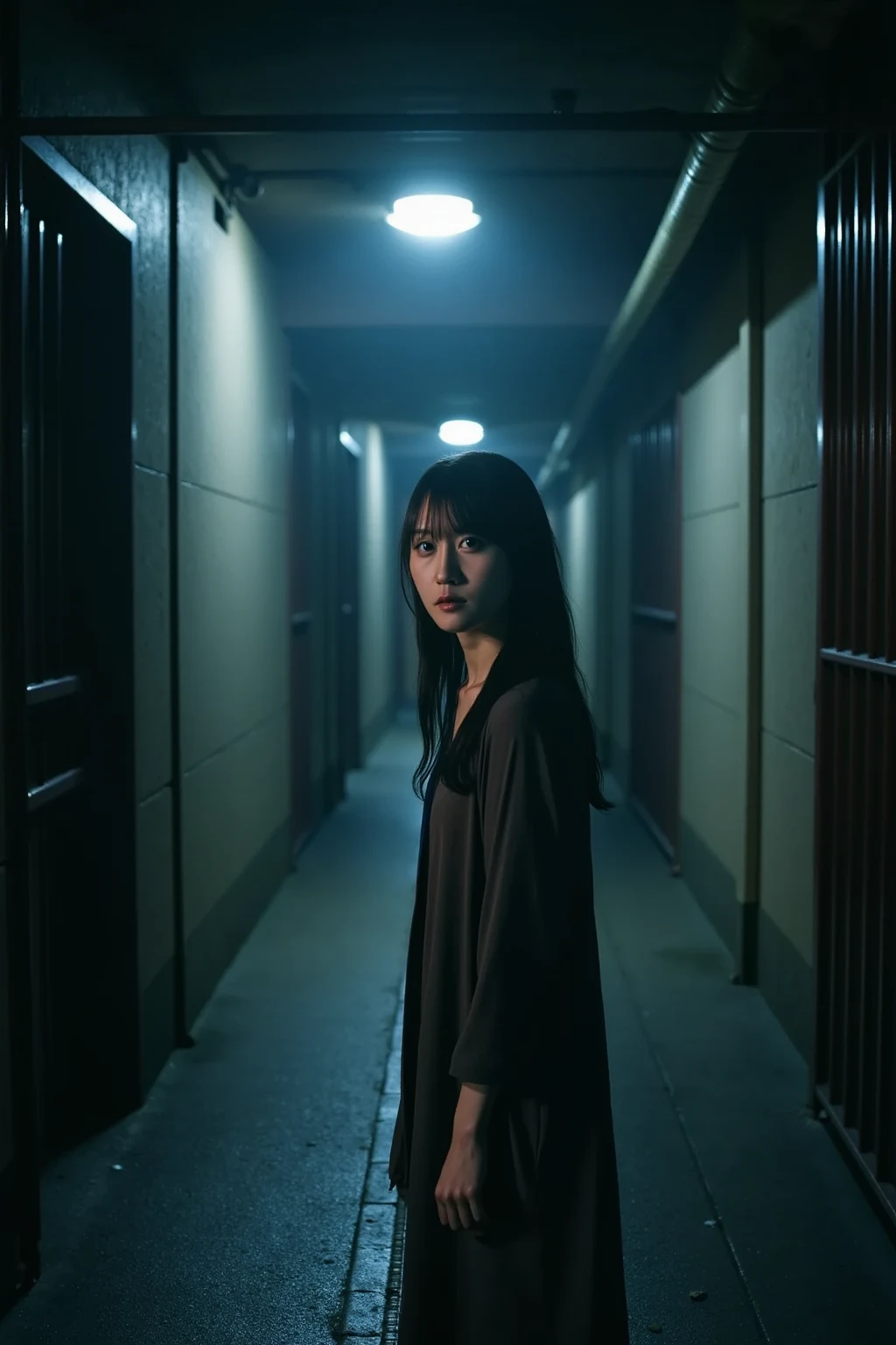 Sadako、Malice、translucent、Distorting space、In the liminal space of a dark hallway nightmare、Dynamic lighting、Photorealistic、Trending on Art Station、Stunning visuals、fog、creative、Cinematic、Super detailed、Atmospheric、Ambient Lighting、Scary Art、low quality、Heavy film grain、Low saturation、Orange Teal Hue