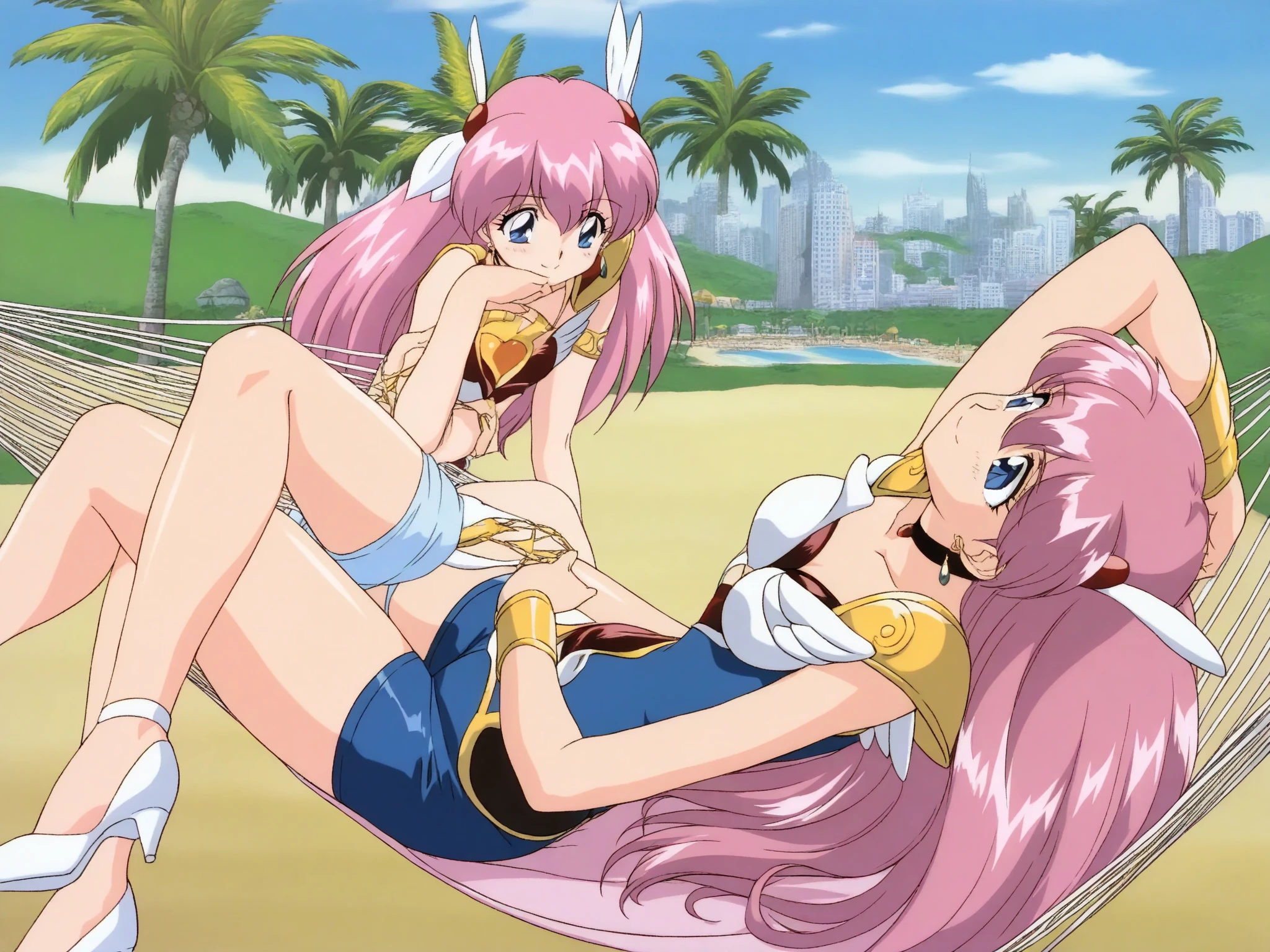 some pretty anime characters fighting over water with one another over the top of them a desert sandy sun blushing lewd face while wearing very tight boots micro bikini