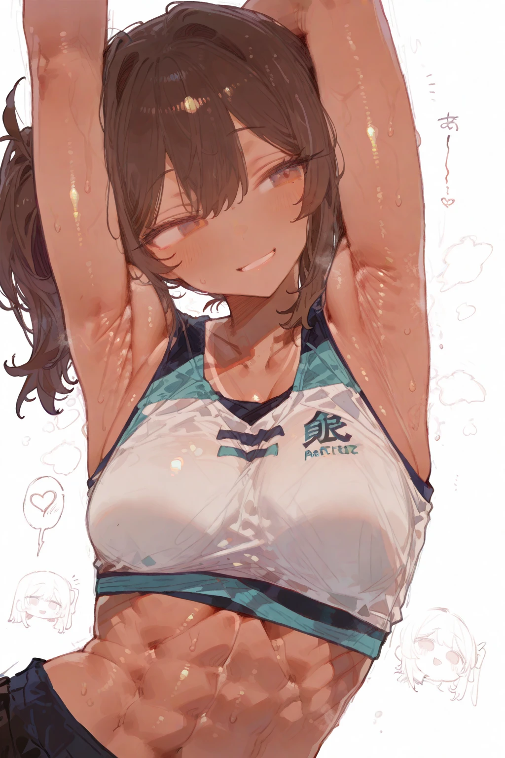 ((best quality)), ((masterpiece)), (detailed), 1girl, sexly,Realistic pubic hair,　High amount of pubic hair,　Thick pubic hair, ChinatsuKano, 
(from above:1.2), (upper body:1.2),
gym,　Sportswear,
embarrassed, smile,Open your mouth,
(armpit focus:1.3), spread armpit, sweat,Dripping water,My whole body is wet,heavy breathing, humid, fog,(Stuffy armpits:1.2), 