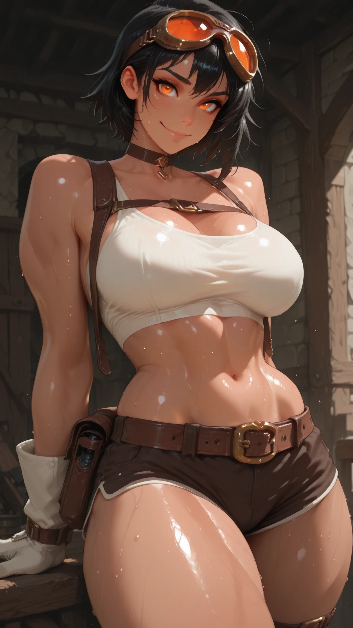 (masterpiece), best quality, highly detailed faces, (SHARP details), 4k, highly detailed, expressive eyes, SHARP detail expressive eyes, (SHARP detail perfect face), ((dark skin)), ((blonde hair)), amber eyes, wild tomboy hair, smiling, standing, (wearing gunslinger outfit), 20 years old, cleavage, ((solo)), nice hips, curvy, tall woman, ((sweat)), outdoors, (wearing white button shirt), (wearing a cowboy hat), white short skirt, thighhigh boots, (cowboy), belt, gunholster in belt, (wearing a tight vest), piercings, midriff, (female cowboy), earrings on bunny ears, (full body shot), wild west setting, (tifa lockheart cowboy outfit),