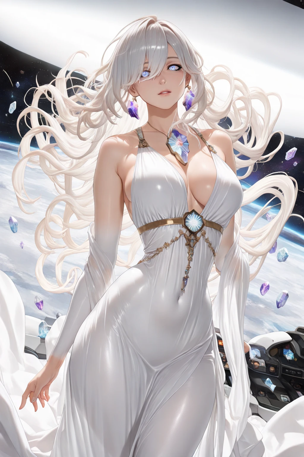 NSFW, ((beste-Qualit, 8K, tmasterpiece :1.3)), dramatic  lighting, pretty woman, 1 girl, Sailor Moon, Detailed large eyes, tmasterpiece, breath taking, Viewer, Full growth in the frame, Long white hair, gray hairs, Two bundles on the head, pale skin, Odango hairstyle, Careful, ah high, Real water, White transparent wet long dress, semi transparent dress, Wet, crystal clear water, The water is flowing, beautiful big breasts, sexypose, sexy expression, glossy skin, A crystal palace is visible in the background, Palace of Crystals, Crystals and crystal in the air and around the character, Beautiful flowers, Crystals glow