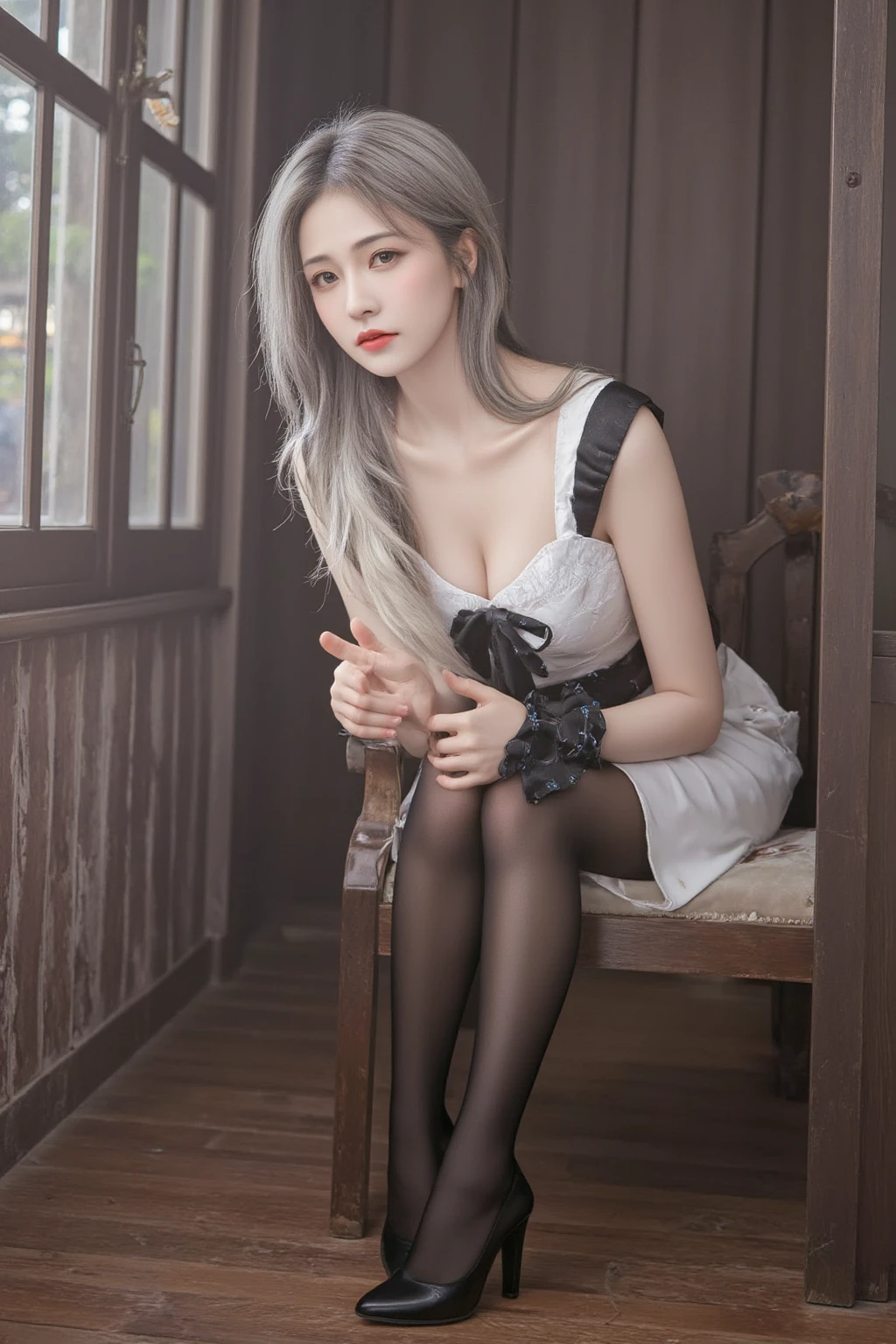 ((Highest quality)), ((masterpiece)), (detailed), Perfect Face，Silver_hair, black_eye, lips, corset, Realistic，skirt，black_stockings，sit on chair, height_Heel_shoes，30 years old,  Asian