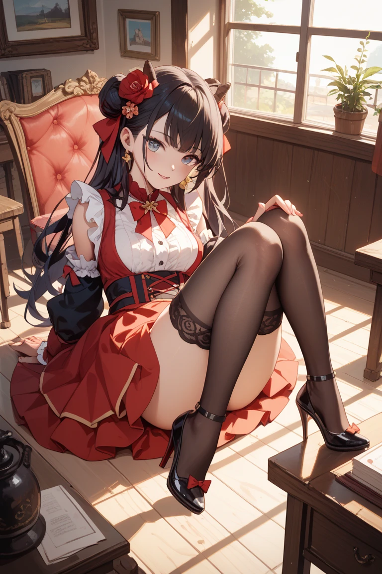 (((Horse Girl))), (((Fine Motion))), Thighs, sitting on a luxurious red sofa, (((Panties are slightly visible))), smile, Dress like a young lady, (((Sexy panties with green embroidery))), High resolution, Knees up,
