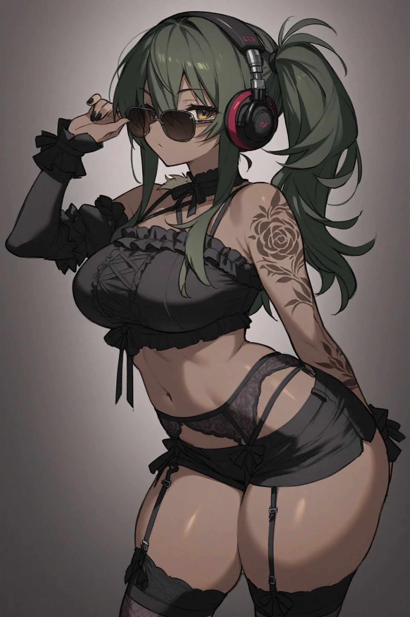 beautyfull woman, long green hair, long hair, african skin, green lipstick, black skirt, black bra, black chocker, bored, black jacket, chubby, eating hamburguer, holding a gun