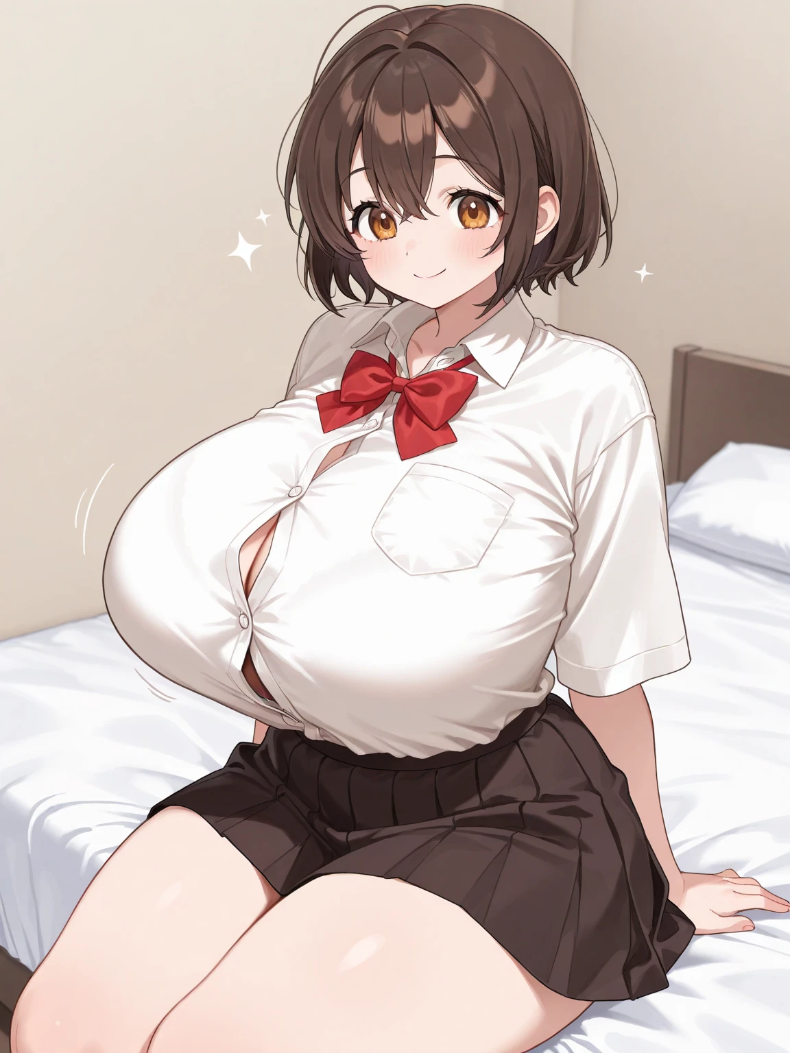 nsfw, 1 girl, game CG, brown sleeveless shirt lift, short slit skirt, neck ribbon, bangles, gigantic breasts, brown hair, short hair, french braid, brown eyes, pov,