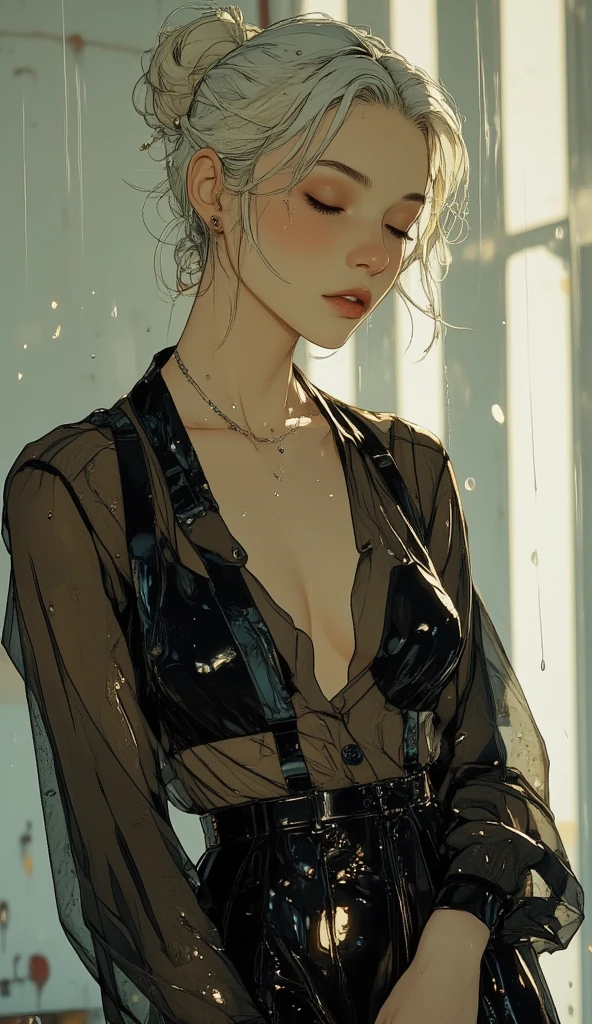 (8k, beste-Qualit, tmasterpiece: 1.2), (realisti, photo-realistic:1.37), Ultra-detailed, soft light, 1 girl, pretty, 独奏, beautiful detailed sky, Detailed café, Open window, sitting, Dating, redness, (ssmile:1.15), (closed mouth), little chest, beautiful detail eyes, beautiful detailed nose, Sateen, (Short Hair Hair:1.5), floating hair NovaFrogStyle, décolleté, visible nipple, ((Relaxing posture)), silver haired, messy  hair, Squinting eyes, thin eyebrow, mature face, full - body, ((shirt with collar, lace, Sheer Shirt, Short pants)), dark studio, rim lighting, (Rain outside, wet skin, Wet window, wet shirt, wet hair, Wet window)), Blue Light, long leges, [black lace underwear],