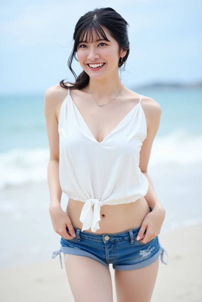 Lens: 135mm f1.8, (top quality), (beautiful 17-year-old Japanese girl), (moisturized lips), narrow eyes, double eyelids, delicate collarbone, flat chest, smile, (spotted Sunlight: not 1.2), Professional lighting, (Small figure), (Tanned skin: 0.2), Full body photo, ((Full body focus)), (Kneeling), Neat honor student, Gradual body, (V-neck T-shirt) Shirt: 1.5), Sunny summer sandy beach, very, very small breasts, undeveloped breasts, very cute, very young, belly button exposed, underwear on the lower body, layered short hair,
