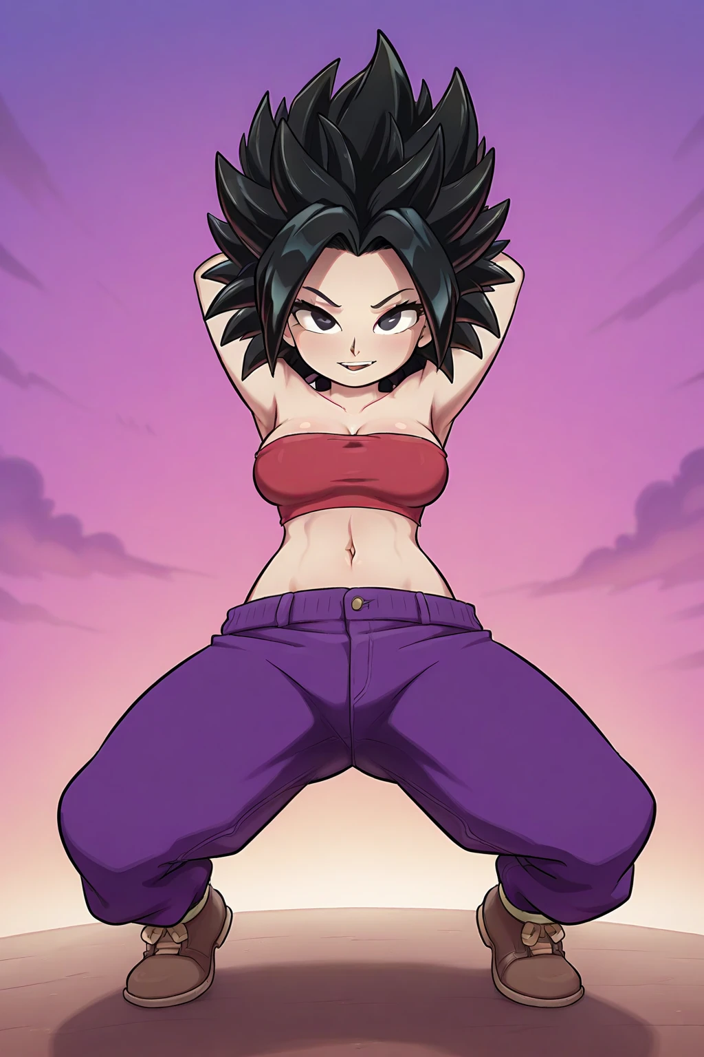 centered, award winning upper body portrait, cowboy shot, (looking at viewer:1.2), | solo, standing, smile, smug, Caulifla_DB,
midriff, baggy purple pants,
| space, stars, planet, | bokeh, depth of field, cinematic composition, | dynamic pose, contrapposto, <lora:Caulifla_DB_Anime:0.6>, <lora:Saiyan_Armor_DB:0.5>, Saiyan_Armor_DB,