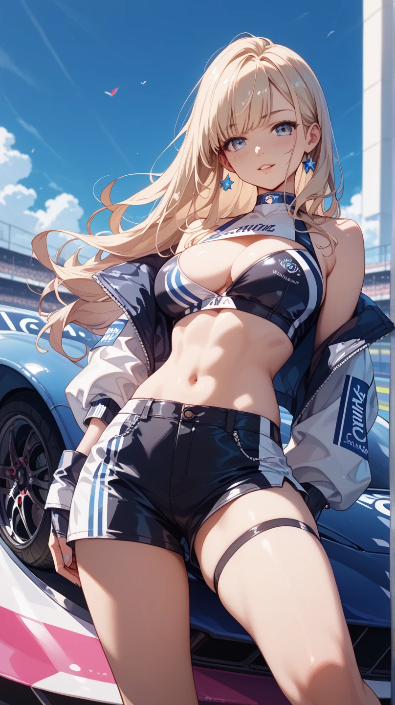 1 girl、solo、Long Hair、chest、Staring at the audience、blush、smile、Blonde Hair、大きなchest、belly button、chestの谷間、Sitting、Close your mouth、Green Eyes、Swimwear、Short sleeve、Eyepatch bikini、Thighs、Outdoor、Open clothes、null、Glasses、Shorts、choker、noon、cloud、stomach、青null、Shorts、Underbust、（黒Eyepatch bikini）、High leg、黒choker、黒Shorts、Hair Intake、地上car両、自動car、car、Open Fly、Confetti、眼帯High legビキニ、Micro Shorts、Race Queen