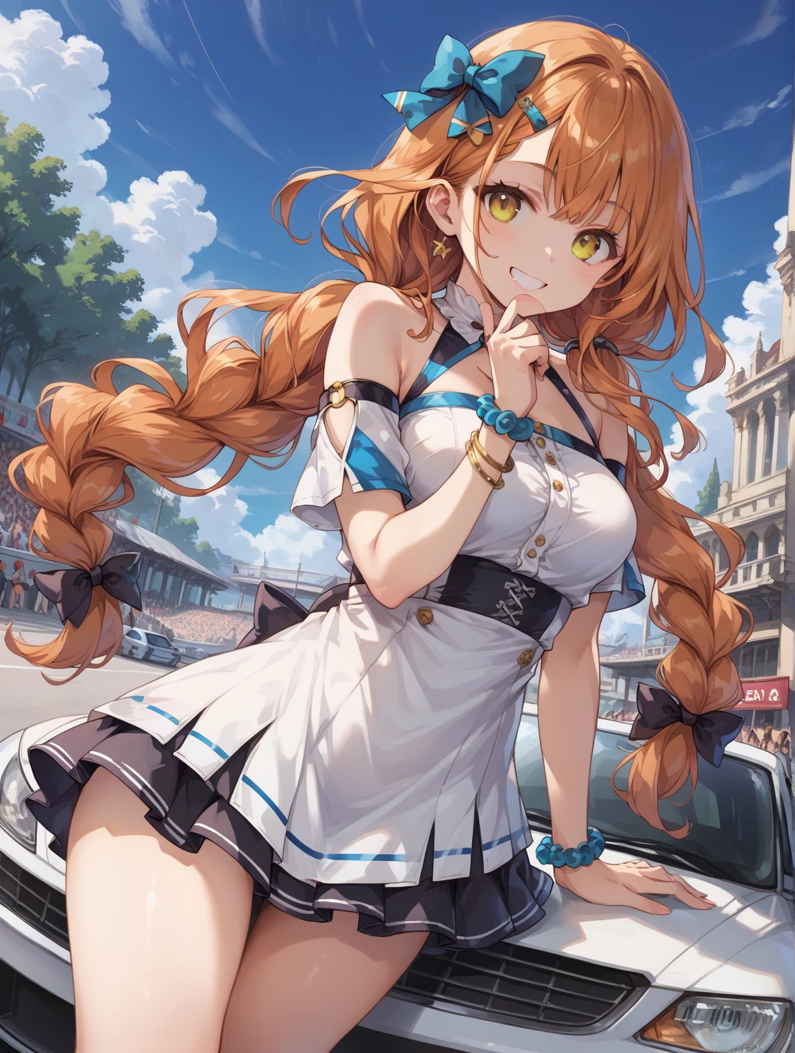 solo 1 girl standing with open legs on field,( too short miniskirt:1.2), (huge perky breasts:1.3), bursting breasts, short torso, inconceivably thin waist, lifting own skirt, (thin long legs), nose blush, open mouth, (nsfw), heavy breathing, (pussy juice flowing down on legs:1.2)
