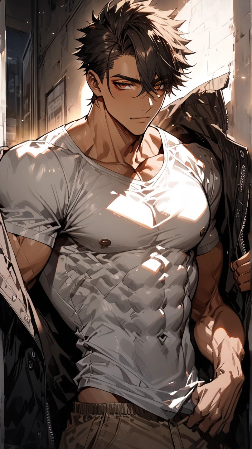 Reiner Braun from attack on titan is flexing his abs in a black shirt