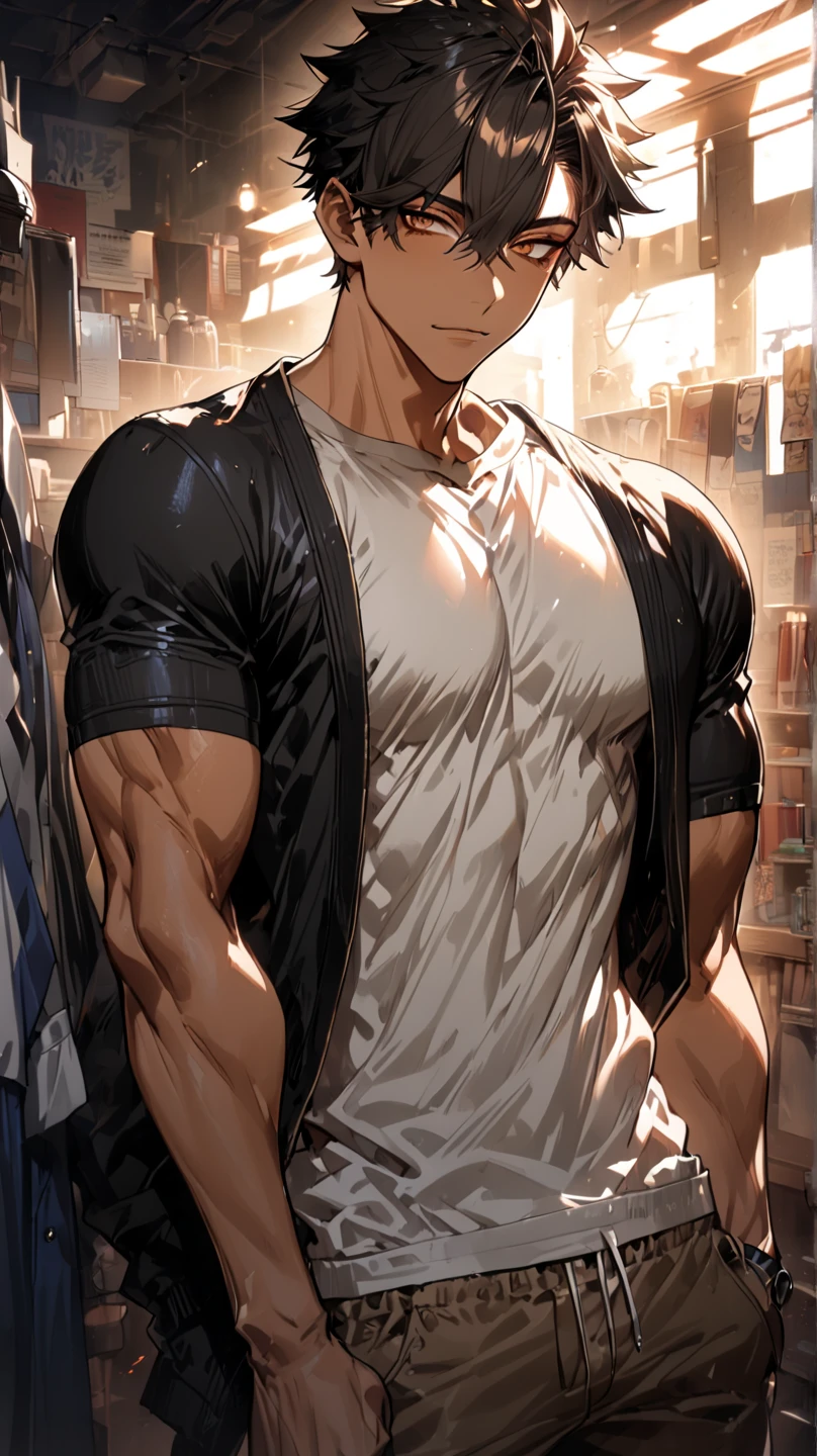 1 man,AS-Adult,intimate bodysuit,bare chest,stalwart,muscular man,Tong,cool guy,front lens,legs open,Hold the bulge firmly with both hands.,best quality,details on face,Big bulge,office room,building outside window,Background of the details,scattered sunlight,depth of field,background bokeh,