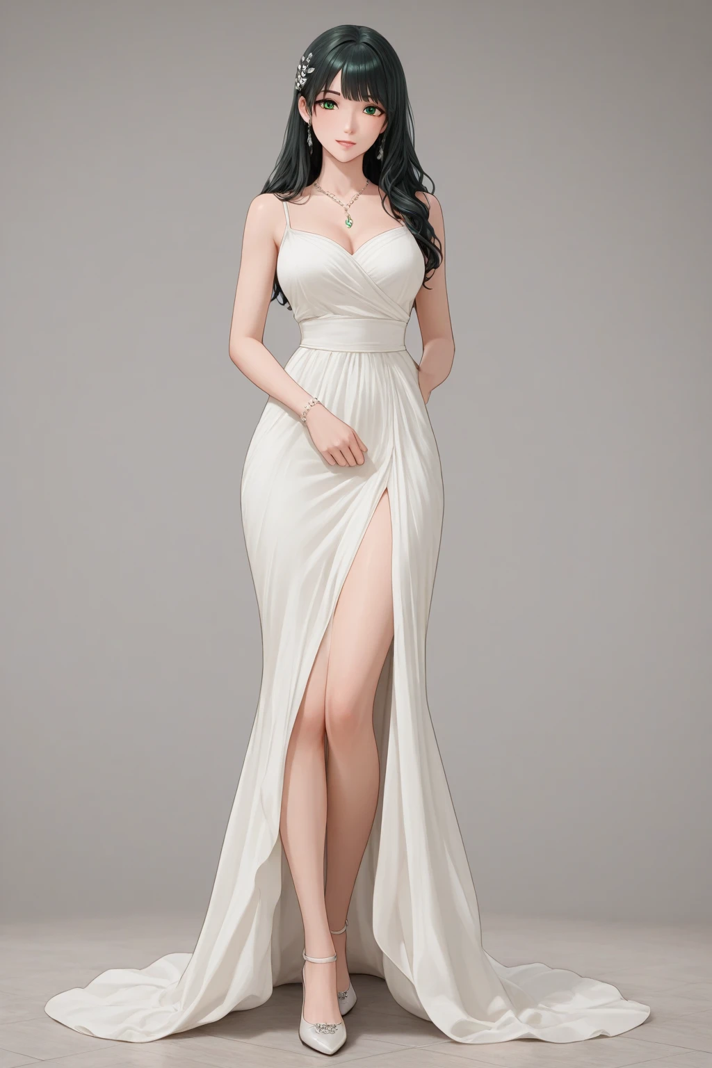 (Female: 1.2), (slim figure), (smile), (5 thumbs), (Big breasts: 1.2), (dark brown hair color), (brown eyes), (mullet head), (ball head), (white sexy wedding dress), (ring finger diamond ring), (mercury midheel), (necklace), (bracelet), back, bridal shop, lighting, masterpiece, realism