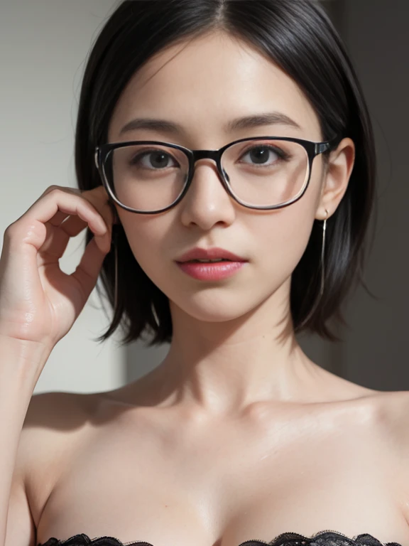 (masterpiece), (8k, best quality, high resolution), (ultra-detailed, realistic), (anatomically correct),  
((face close-up)), (Standing), (No background),
(1woman),  (looking at viewer), 
(A Japanese woman, 30 years old and 155cm tall.), 
(black hair), (straight hair), (short hair style), (bob cut), (hair behind ears), 
(wear glasses), ((black cell frame glasses)), 
((Wear a navy blue spaghetti strap dress)), (Mini length dress with simple design), 
(Create a detailed image of the eye), 
(Her impression is pure, clean and kind.), 
((A captivating smile, just showing a few teeth.)), 　 
