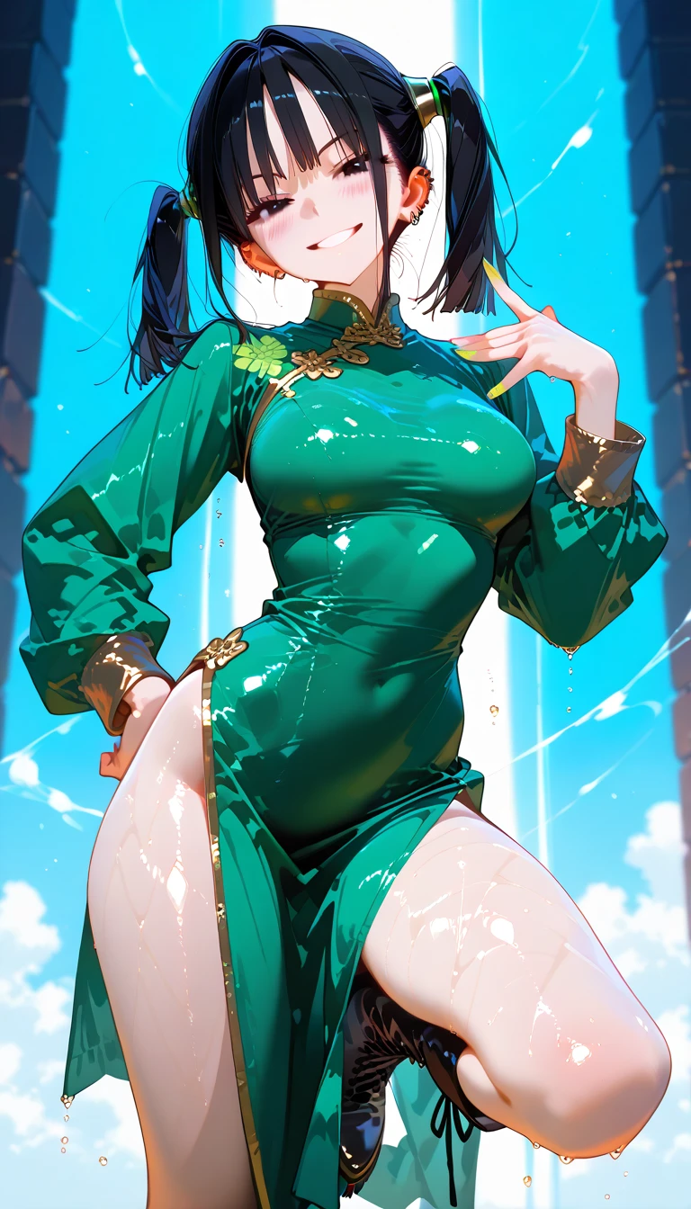 1girl,solo,cowboy shot,standing,(green hair:1.2),long hair,pig tail,(blue eyes:1.2),freckles,(beautiful fingers:1.4),(perfect anatomy:1.4),(arms_behind_back:1.6),(cold_shoulder:1.2),(green hanfu:1.4),(green leather lace glossy silk lamé leotard:1.4),(latex luster shiny glossy metallic:1.6),(shiny_clothes:1.6),medium breasts,beautiful breasts,masterpiece,best quality,(Ultra high definition eyes:1.2),8k,(Beautiful detailed eyes:1.2),(Fine and beautiful eyes:1.2),(pretty eyes:1.2),finely detail,extremely CG, absurdres,high resolution,illustration,Detailed and beautiful outlines,finely detail,high resolution,(colorful refraction:1.4,Increase saturation:1.2),beautiful lighting,dynamic lighting,closed room,black background,simple background, smile,looking at viewer,maomao,