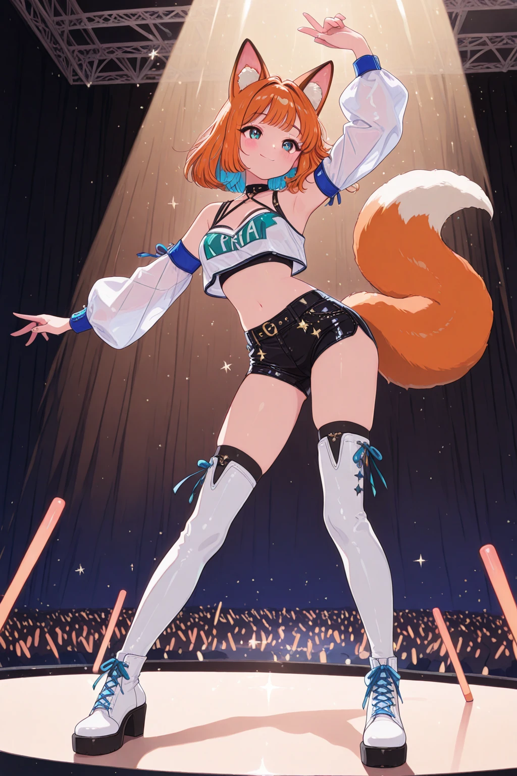 boy, squirrel, furry, bodyfur, tail, collar, bra, bottomless, gloves, boots, chibi, sparkling eyes, idol, dancing, singing, hair bow, happy, full body, spread legs