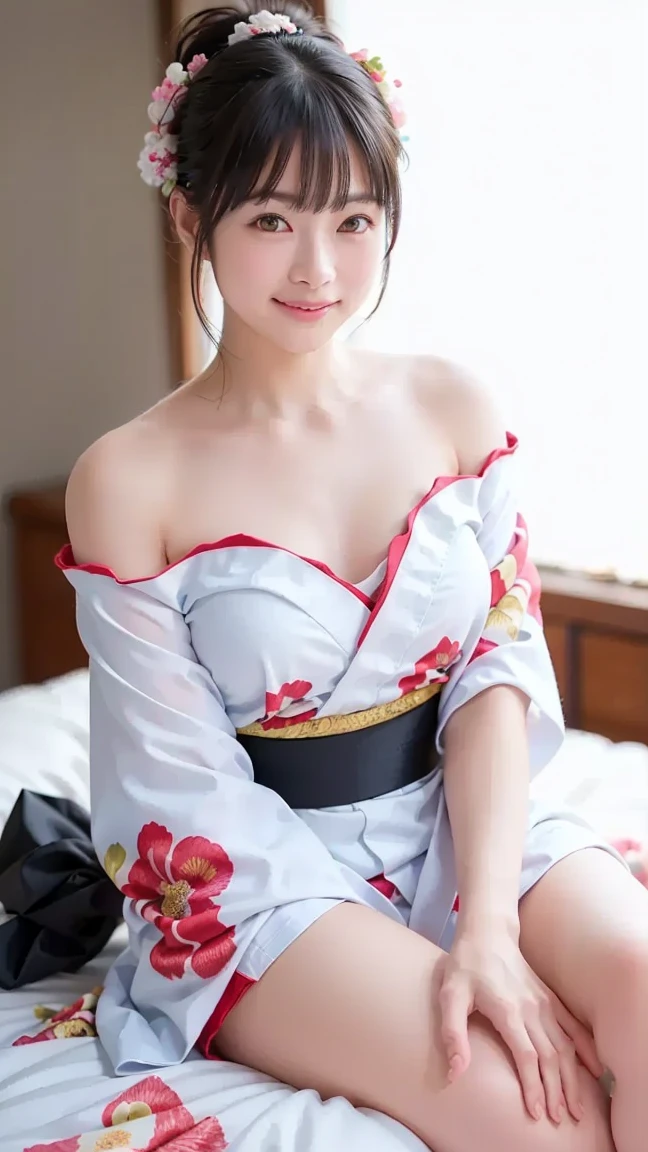 (highest quality,4K,8k,High resolution,masterpiece:1.2),Super detailed,(Realistic,photoRealistic,photo-Realistic:1.37), ((smile, Showing beautiful white teeth:1.5)),((blunt bangs)), ((black bob blunt cut hair:1.4)), BREAK (White and red theme:1.4), (White headband and fake white bunny ears:1.4), (White strapless leotard with red sash:1.4), ((White long sleeve kimono with red lace-ups, Exposing shoulders):1.4), ((A white choker with a red shrine amulet, omamori):1.3), Bare thighs, ((White over-the-knee socks, White long tights):1.3), (Japanese wooden geta:1.2), ((Skin glows、It&#39;s shiny:1.3))