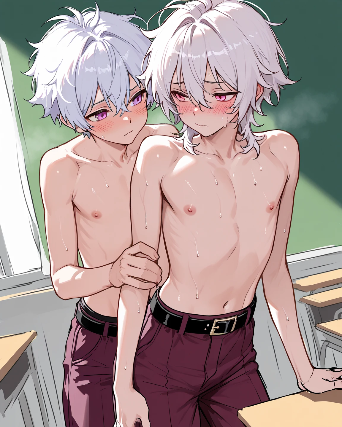 ((Detailed eyes, blue eyes:1.2)),beautiful eyes,{best quality}, {very aesthetic}, {ultra-detailed}, {best illustration}, nsfw,(2 boys:1.9),Expanding the anus,boy,eyes wide open,(silver hair:1.3),(long hair:1.9), anal, man,(Fox ears:1.2),(Completely naked:1.9),(cum in ass:1.8),Cum in anus,Erect penis in crotch,((testicles, perineum:1.5)),dramatic angle,2d,Anime Face,(No tear bags),(bangs between eyes),((flat chest)),Steamy skin,skiny boy,(pale skin:1.4),Transparency,open mouth,(cum in mouth),(fem boy),(flat chest),(bukkake1.5),dooring,((blushing)),Beautiful Nose,perfect anatomy,teen ager,Medically correct human body,flat chest,(completely nude:1.7),(small penis:1.9),(shota:1.8),(otoko no ko:1.8),(arched back:1.5),back,(pov hands:1.6),(pov penis),in the forest