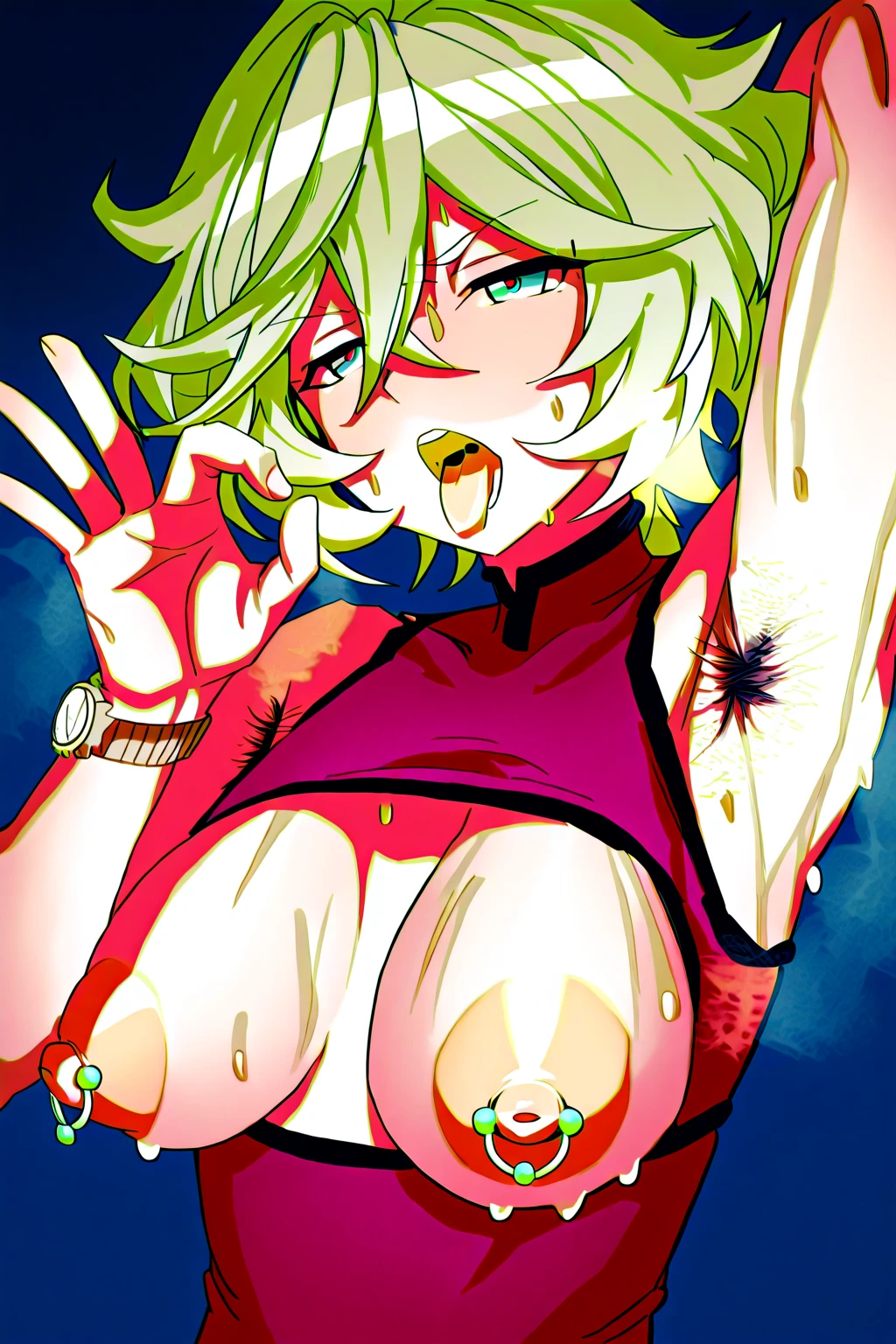 girl, short green curly hair, full body, hugs a girl from behind, licking her the face , long tongue.
