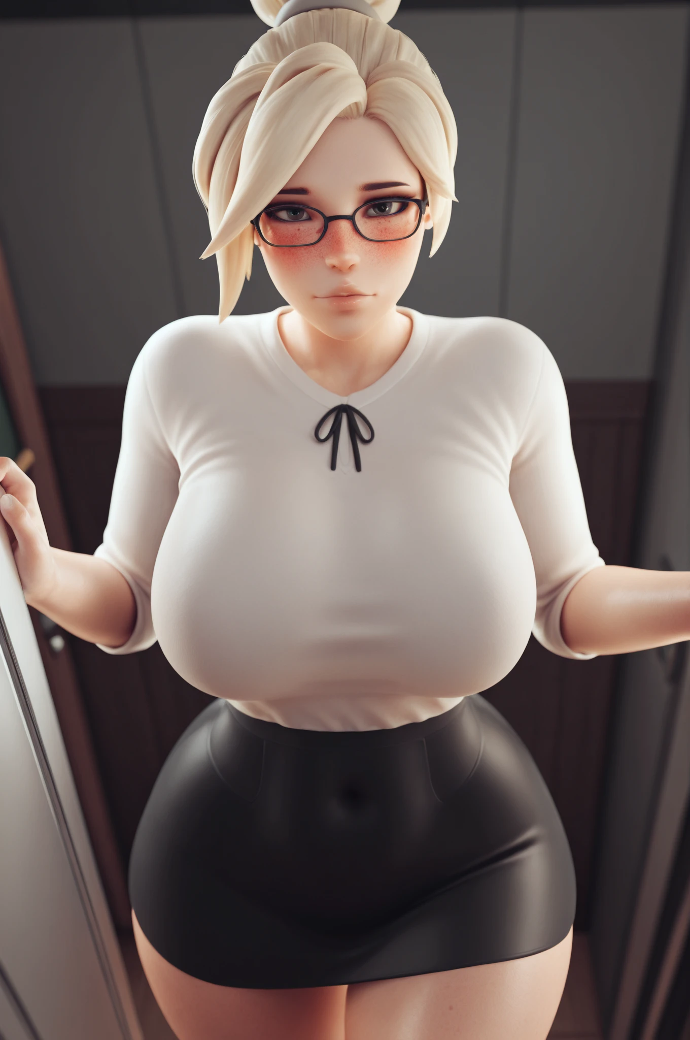 [2 sexy women {{Victoria Matosa}} posing in the doorway of their apartment (brunette and blonde)]: Huge round jiggly ass focus from behind, very wide hips, wide thigh gap with plump camel toe, mismatched tiny clothes: Young short sexy women, huge massive hanging breasts, full thick pouty lips, sexy and messy hair buns, big eyes with long eyelashes, big gorgeous smile, super wide birthing hips, thick toned thighs, no bra, no panties. Cinematic lighting.
