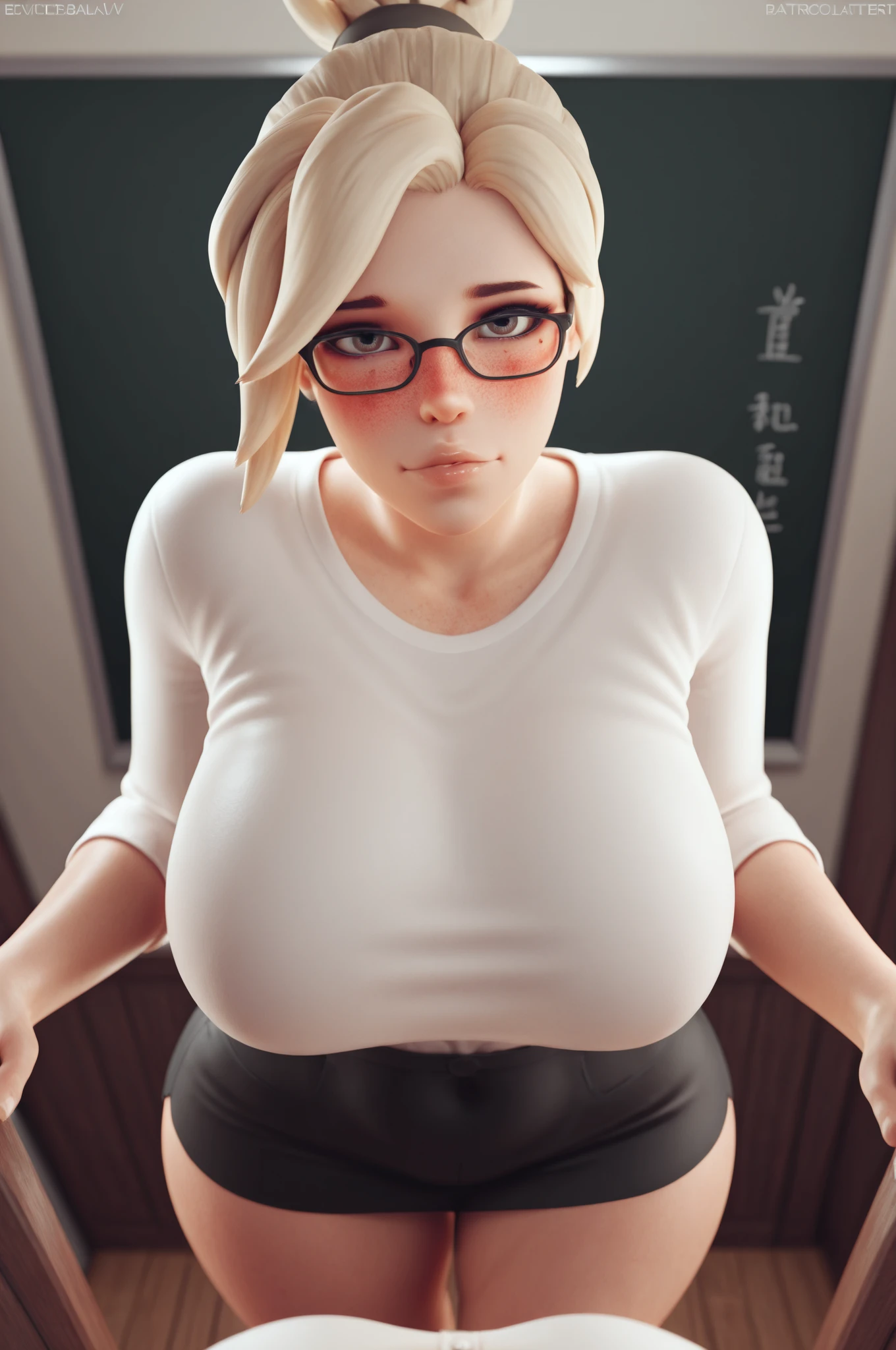 huge tit, Simple background, skin tight, cuteexpression ,Masterpiece,(Best quality,(Shiny skin),realisticlying,kneeling down,legs separated,spreads her legs apart,Silver glasses,busty figure,Place your hands next to your face,near,Smile Expression,White transparent lace bikini,areola of breast,Exposure to sexual organs,The lower body is heavily exposed,The upper body is severely exposed,Sweaters