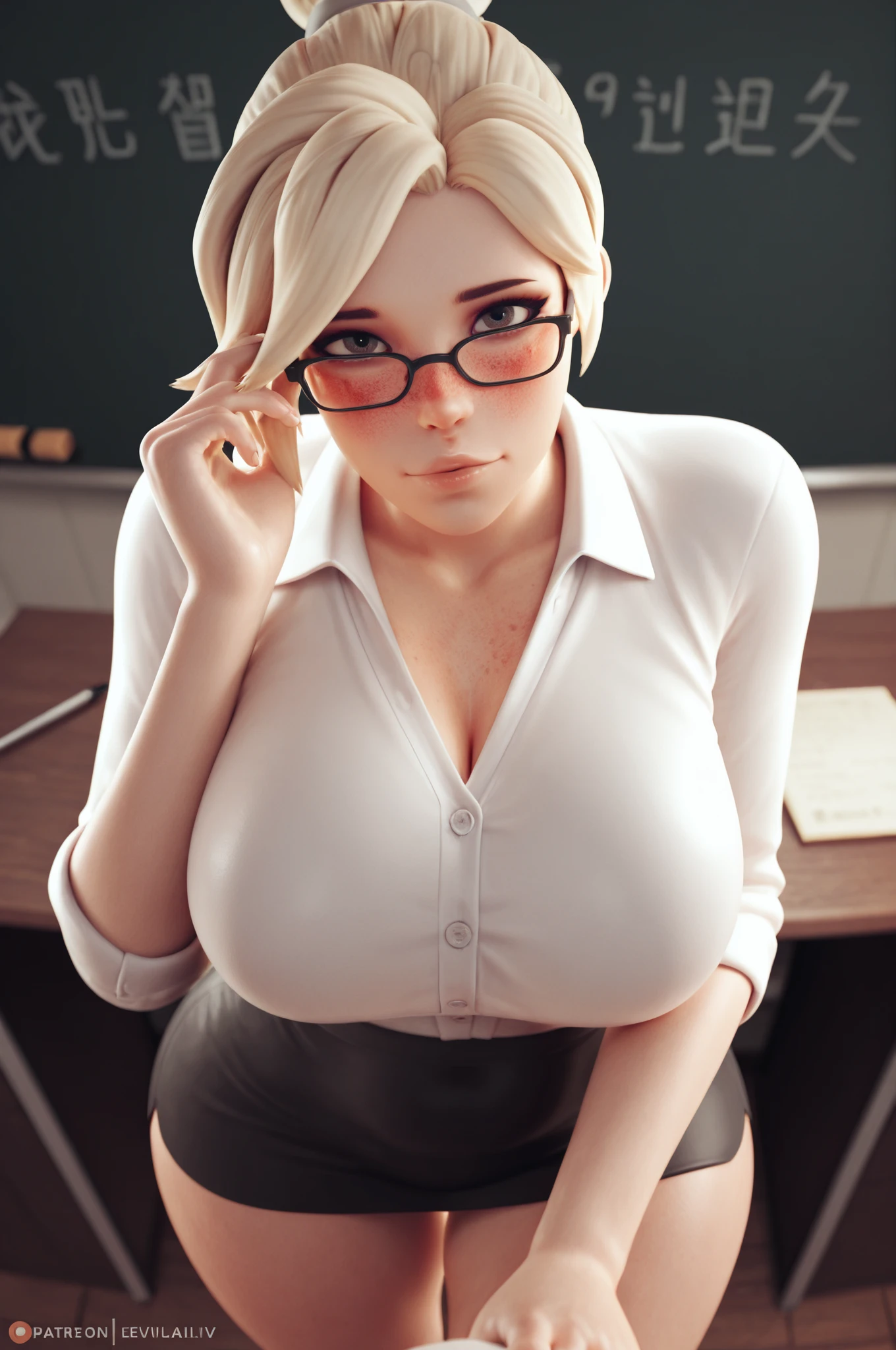 Marina Sharapova in official unbuttoned dress, detailed body, live action, glasses, lifting skirt, modern office