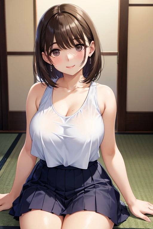 Female 26 years old,housewife,Sunlight,Smile,put on lipstick,light brown short curly hair,Tie a ponytail on the left side,Slightly plump,half moon earrings,Close-up photo of face,Home apron,Huge Breasts,There is a mole at the corner of the mouth,Gold necklace,Round neck white top