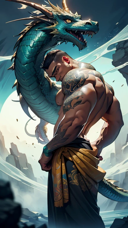 very muscular man cuts a green and blue fire dragon in two with a Japanese katana