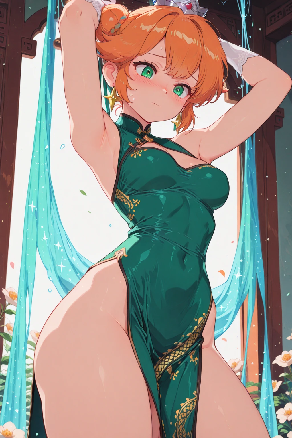 1girl, elegant erotic beautiful girl, big breasts, ((short orange hair)), green ribbon in hair, maxi dress, adultery, indecent, vulgar, Nakano Yotsuba, intricate details, delicate facial features, beautiful blue eyes, ulzzang, long eyelashes, small nose, full lips, porcelain skin, natural lighting, warm color palette, chiaroscuro lighting, dramatic shadows, sensual, alluring, mature themes, artistic, dreamlike, ethereal, ((arms behind back)), thigh highs, ((white panties)), sideboob, cleavage, looking at viewer, ulzzang, (blue eyes),
