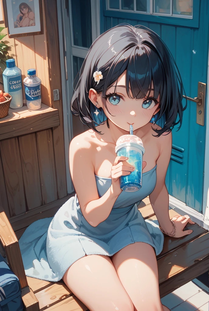 (Highest quality:1.4、8k:1.4、detailed)、F cup bust、Big Breasts、Slim body、Very white beautiful skin、((((1 person、smile、smile、sit、Chair、In the background are the urban buildings of Tokyo、looking at the camera、Outdoor café terrace、coastal、Navy hair color、juice、White side string high leg bikini、Shooting up close、table、Very cute face))))、(Pose of putting hair behind ears with hands:1.4)、Very blue sky、A completely cloudless sky、She tilted her head slightly、The atmosphere is bright and lively、The woman is at the center of the image。