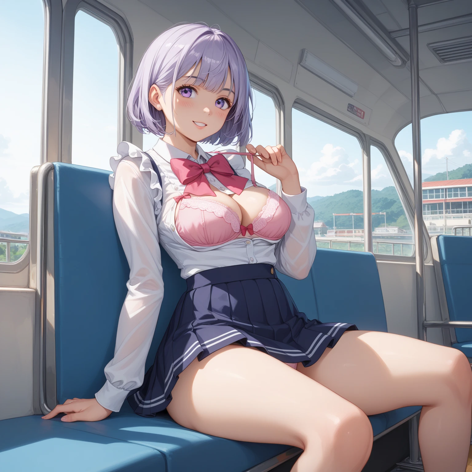 high resolution、4K、Masterpiece、1 big breasted girlicro Mini Skirt、No panties、blush、Black knee-high socks、Absolute area、Masturbation、Love juice、Squirting、Full body portrait、tough、Spread your legs、Exposing the breasts、Bare your breasts、Nipples、Pantyhose pull、garden、gardenのベンチに座る、river、Cherry blossom trees