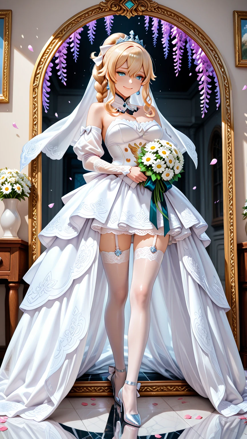 Close-up of beautiful bride wearing beautiful wedding dress, Gurwitz, (bridal veil:1.5), (Transparent short veil:1.5), Blushing face, head flower, headgear, (tube top wedding dress: 1.5), (Silk dress: 1.2) (Strapless wedding dress: 1.5) pure white dress, necklace, earrings, (large breasts:1.3), Deep V peach heart collar wedding dress, bangs, lipstick, (lace gloves: 1.3), whole body, high detail RAW color art, Long white dress, whole body, place your hands behind your back