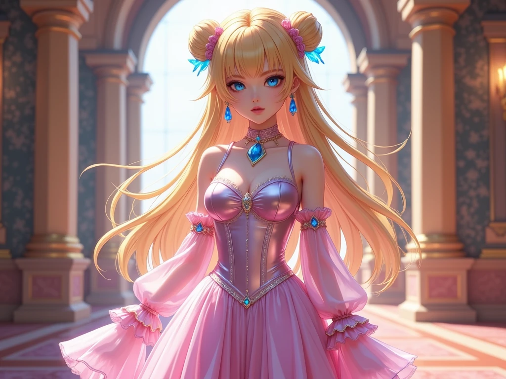 anime girl with long blonde hair and pink dress posing, extremely detailed artgerm, seraphine ahri kda, anime goddess, ! dream artgerm, beautiful anime catgirl, blonde anime girl with long hair, very beautiful anime cat girl, beautiful anime girl, beautiful anime artwork, artgerm on artstation pixiv