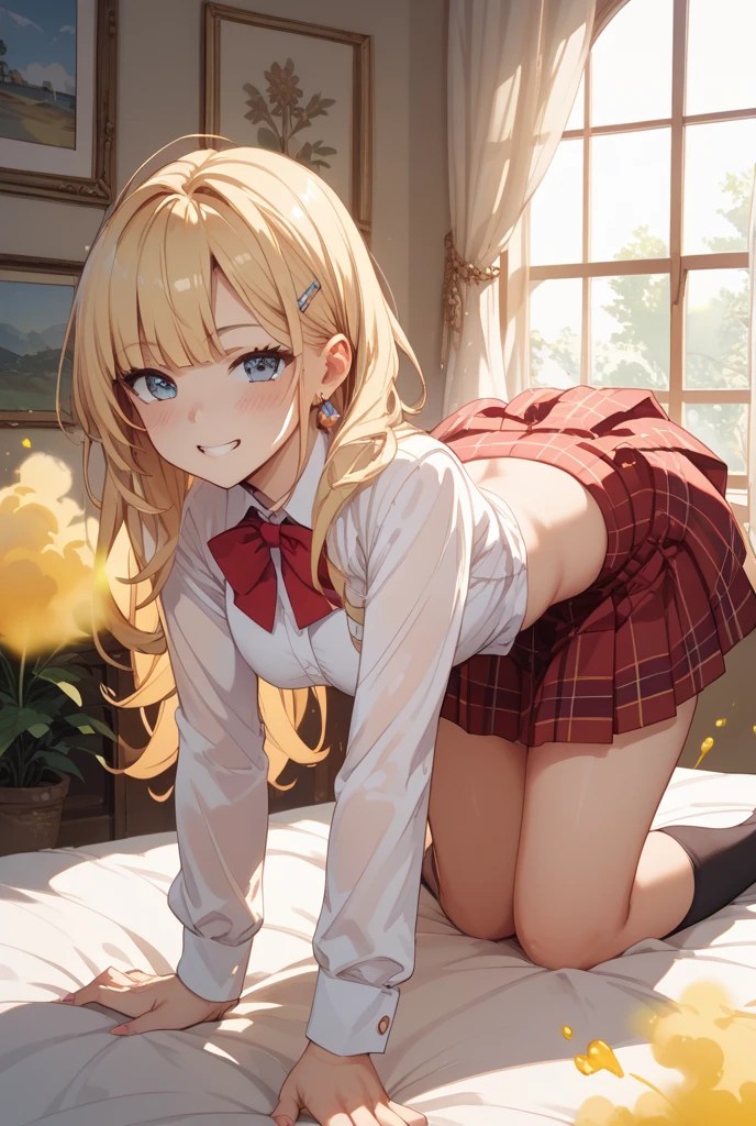 anime, beautiful face, highly detailed face, detailed perfect eyes, perfect hair, perfect lips, accurate arms, accurate hands, accurate leg positions, accurate footware. highly detailed background, perfect lighting, full body, 1girl, solo, ruby hoshino, ruby, oshi no ko, bedroom, heels, blonde hair, thighhighs, stockings, bedroom, absurdres, high res, ultrasharp, 8K, masterpiece, looking at viewer, (sexy pose:1.4), (full body:1.5), ????? face, teasing face, school outfit, school uniform, skirt, cleavage, sitting down, body face away from viewer, looking back over her shoulder, view from behind, ass view, crouched, cowgirl position, riding position.