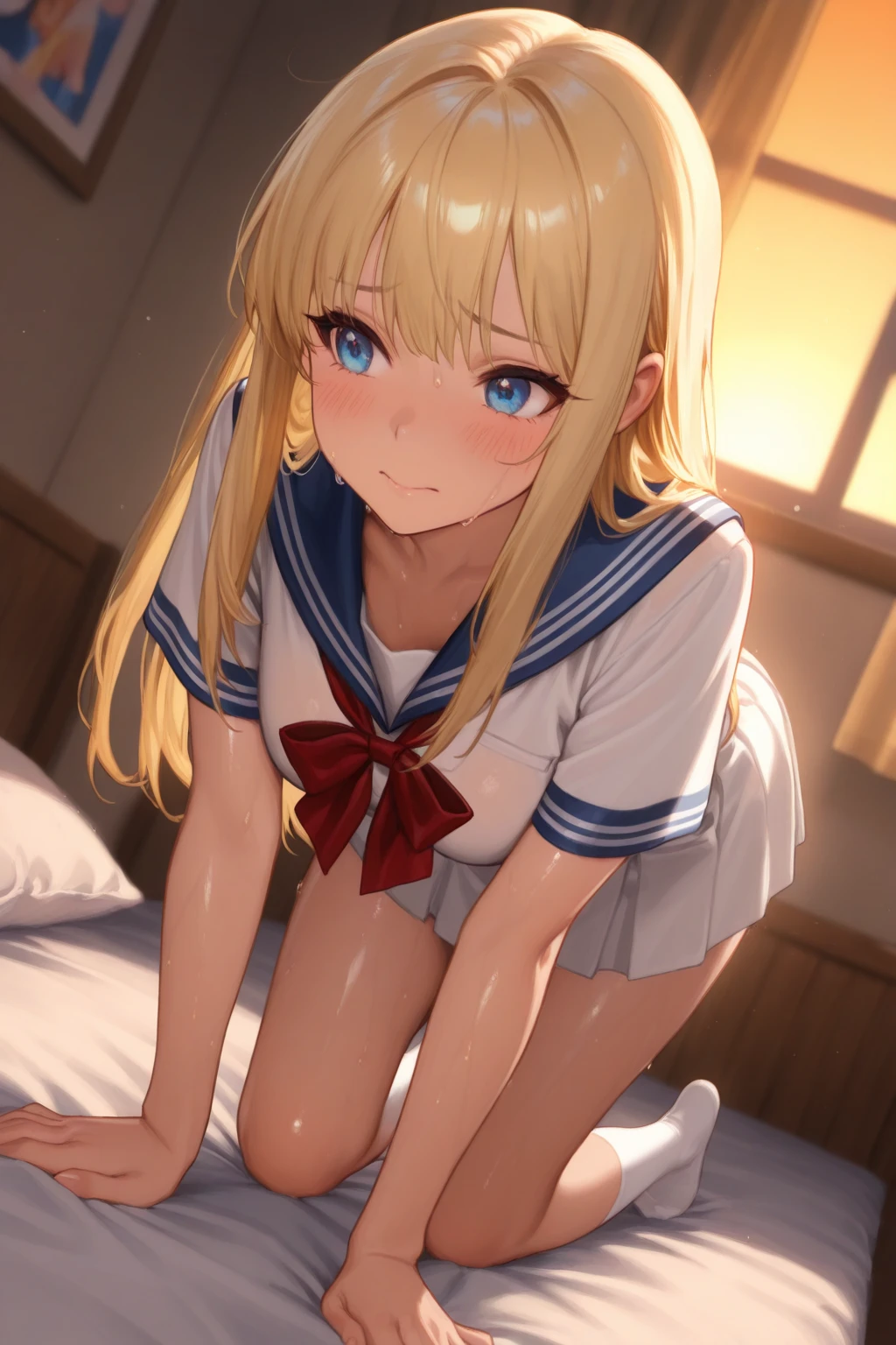 One person！！、Baby Face、、smile、human、6 year old girl、Long Hair、Blonde！、With bangs、small、1st grade elementary school students、Big eyes、barefoot、black eye、cute、Are thin、凄くsmall胸、身長のsmall、体のsmall、Short legs、School uniforms、Night view、Bare Skin、Show the whole body、((Lying down))、