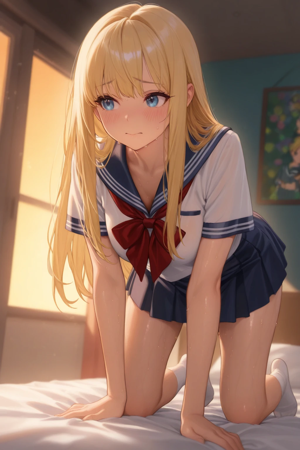 high resolution,High resolution,１Beautiful girl of the person,whole body,look up,looking at the camera,Big eyes,Glasses,Crying face,Tears,Stringy saliva,Open your mouth wide,Sticking out tongue,Flush saliva,Overflowing with saliva,ponytail,Golden Hair,Brown eyes,Navy blue sailor leotard,High Leg,Red tie,Tears overflow,Dripping a lot of saliva,Drooling,On the bed,sexy,Finger licking,Western-style room,Alluring,Leg spread,