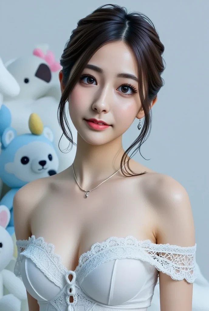 best qualtiy, tmasterpiece, 超高分辨率, realisticlying, 1girll, bshoulders, ssmile, Oversized_Sweater, gentlesoftlighting, Delicate skin, brown hair,(Beautiful breasts),