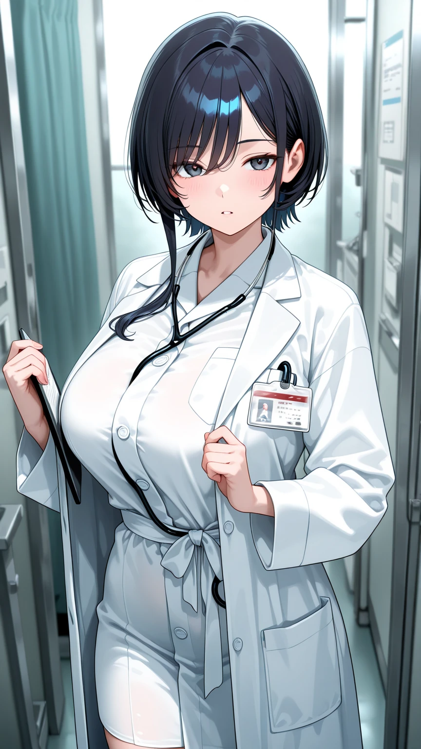 masterpiece, best quality, 1 girl, solo, doctor,black hair,white coat, black shirt,half updo, finger pointing to white board,standing,smile, cleavage,glasses , hospital , from the front