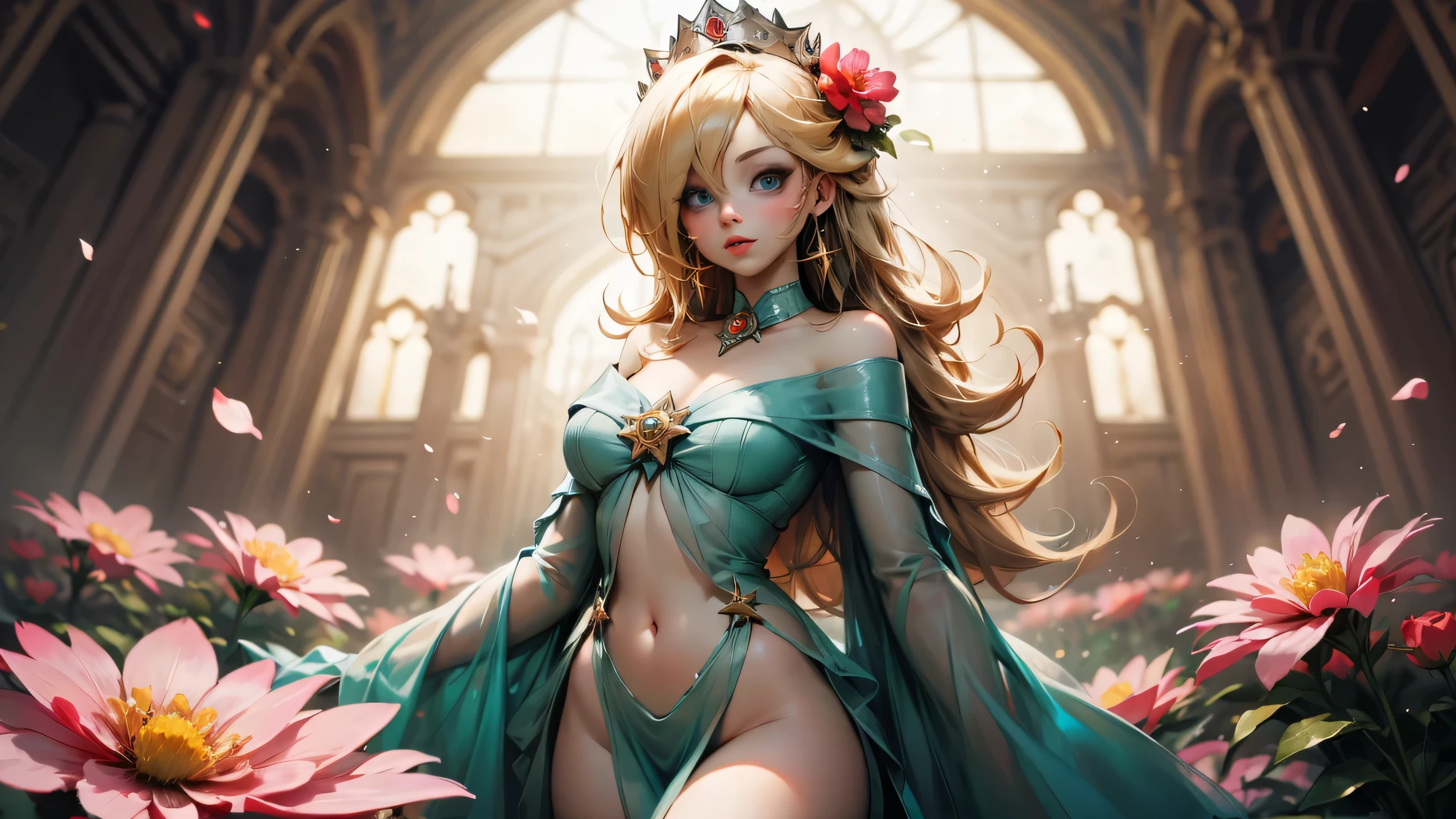a highly detailed digital art, a lavish royal elven court, a beautiful woman with long flowing hair,intricate elven architecture, ornate golden throne, glowing crystals, lush greenery, sunlight streaming through stained glass windows,elegant feminine figure sitting on throne, ethereal magical atmosphere, vibrant colors, cinematic lighting, photorealistic, (best quality,8k,highres,masterpiece:1.2),ultra-detailed,(realistic,photorealistic,photo-realistic:1.37),fantasy,concept art
