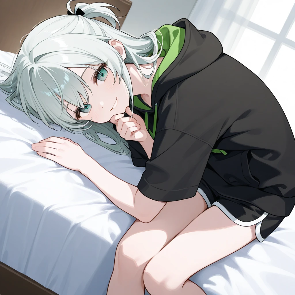 A beautiful woman in her mid 60s, long white hair, light brown eyes, white cat ears, sort of short, green sweater, long sleeping pants, sfw, PG friendly, 8K