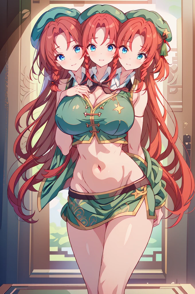 (masterpiece, best quality),best quality, (ultra-detailed), (3heads:1.5), 1girl, (ultra-detailed), (3heads:1.5), 1girl, (hong meiling:1.3), masterpiece, (best quality:1.5, highres, UHD), highres, absurdo, ultra detail, ultra quality, Ultra resolution, green top, crop top, ((stomach)), midriff, ((groin)), green skirt, miniskirt, normal ears, shackles, (red hair), very long hair, wavy hair, sidelocks, blue eyes, parted lips, midriff, sweat, cute, toned belly, hand on own chest, eyelashes, (24 year old woman:1.3), (masterpiece:1.5), (best quality:1.5), (beautiful detailed), extremely detailed CG, extremely delicate and beautiful, depth of field, (finely detailed face), (perfect details:1.2), (mature female:1.3), wide pelvis, slender, large veiny breast, 16k resolution, high quality, high definition, extremely detailed, masterpiece, (red hair), long hair, (same hair color), alluring presence, twin braid, short skirt, close up, very big tits, huge tits, young, striped, green beret, hair ornament, chinese clothes, star hat ornament, open belly, nsfw,
