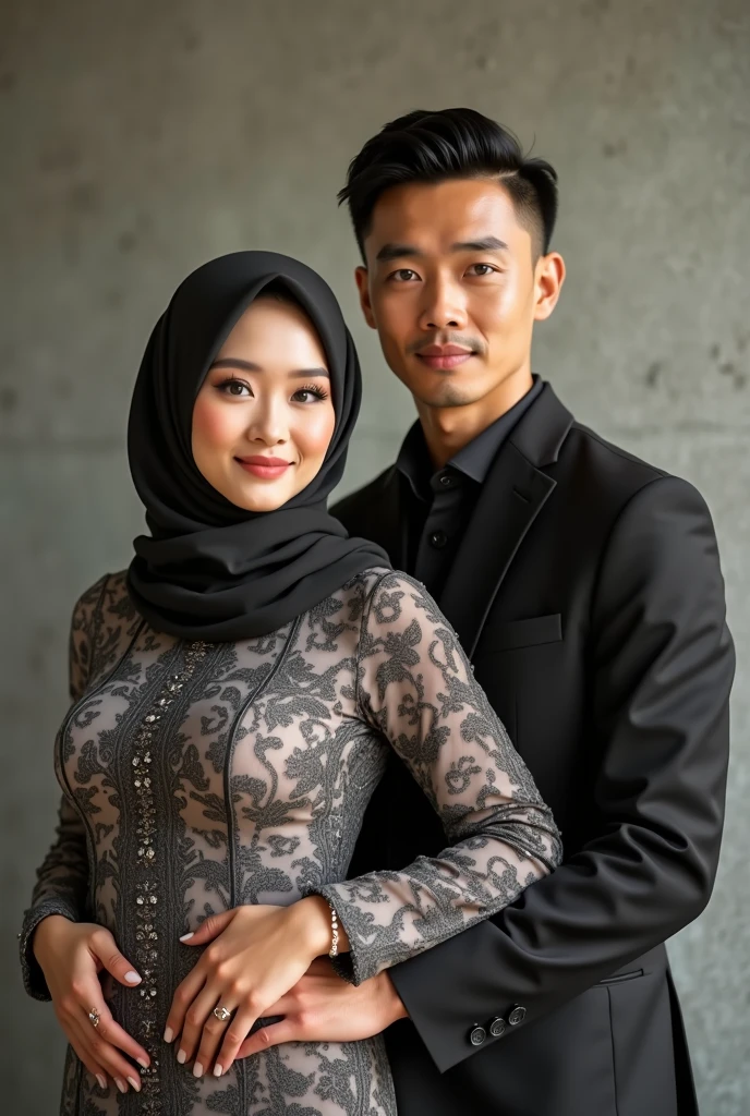 A handsome Indonesian young man is taking a photo together with a 22 year old Indonesian hijab wearing woman posing in front of a white background, best quality, realistic, sharp focus, realistic face, detailed face, unity 8k wallpaper, very high resolution, He is looking at the viewer