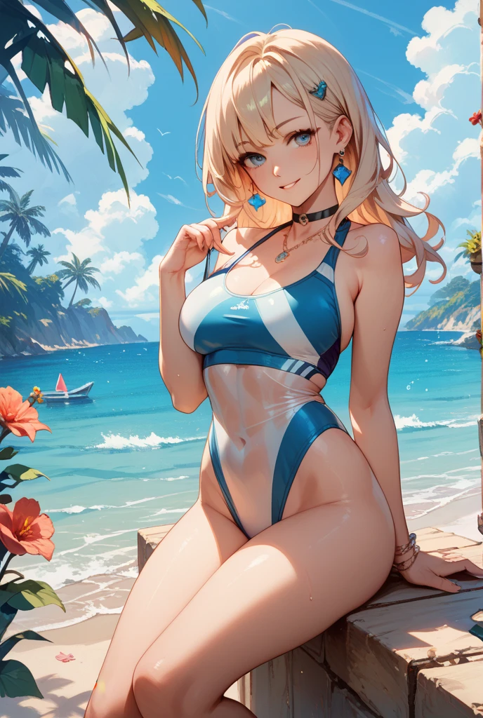 Anime style, super fine illustration, super clear illustration, highly detailed, beautiful detailed, super pale tone image, super delicate illustration, super calm & static image, sexy posing Portrait, static representation, gentle expression, 8k, angle from behind, pretty 1girl with blonde straight short hair & blue eyes & a bright smile & Big breasts & wide hips & pink nipples & soft fair skin is wearing the swimsuit on the beach of caribbean clear sea, Magic Hour, romantic stories, solo, perfect 5fingers, perfect arms, perfect legs, masterpiece, 布ははためかない, 布はいらない, 布はいらない,